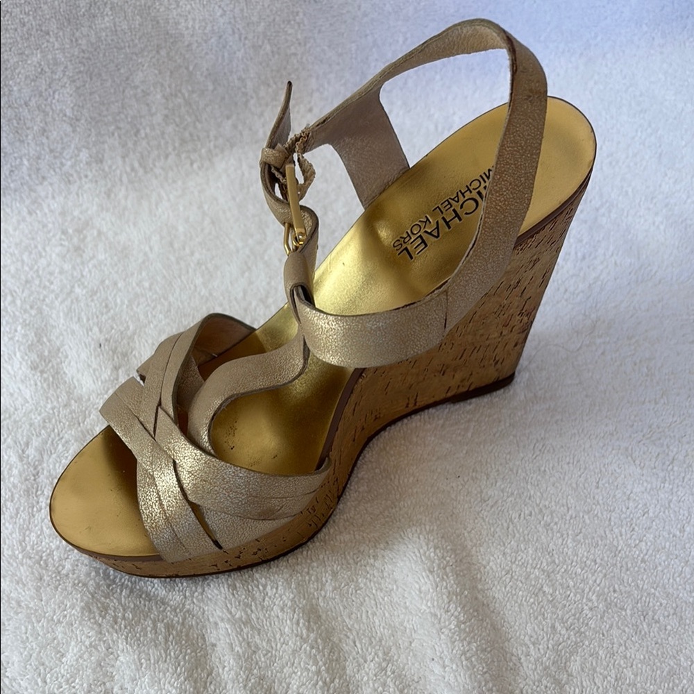 Michael Kors Tan Gold Wedge Sandals with Sleek Ankle Strap